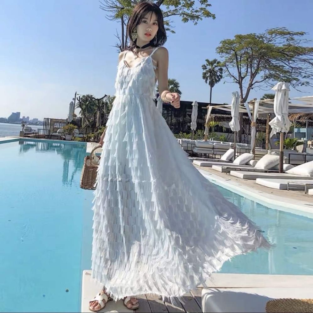 HCM]Đầm váy nữ maxi trắng ren 2 dây lông vũ hở lưng | Lazada.vn
