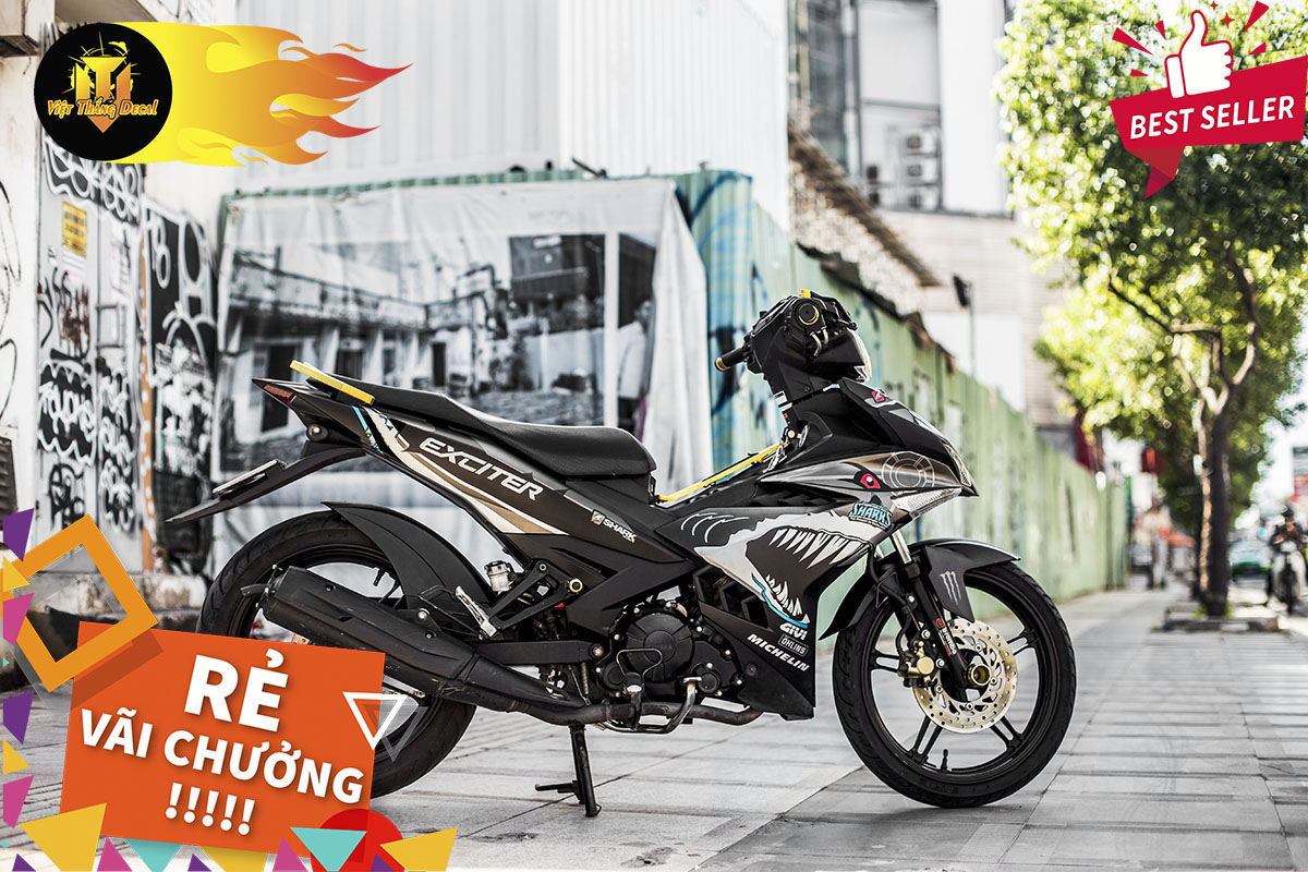 Tem Trùm Exciter 150 Cá Mập Shark Đẹp Độ Chế Decal (Trắng Xám Đen)
