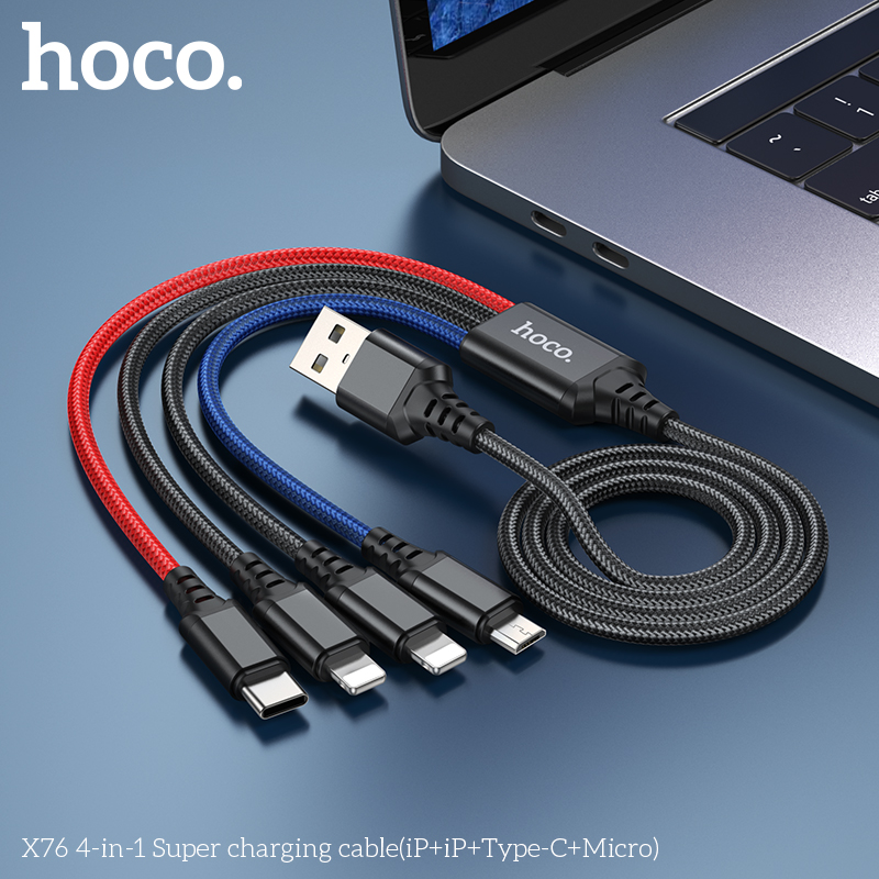 Cáp Sạc Hoco X76 Super 4 Trong 1 2.0A Cổng IP * 2 + TypeC + Micro Dây Dài 1m