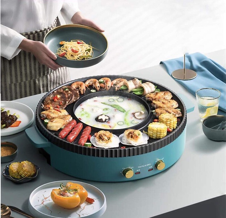 (BH 1 năm) Bếp lẩu nướng BBQ đa năng AORAN cỡ lớn 45cm kết hợp 2 trong 1 màu xanh công suất lớn 2200W