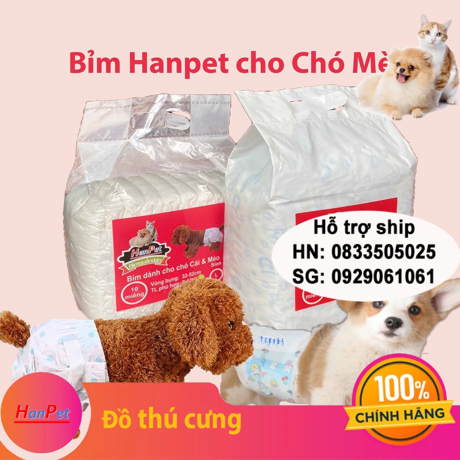 Hanpet - 10 miếng Bỉm quần chó mèo dạng dán (dành cho chó cái và mèo các loại)  loại siêu thấm / băng vệ sinh chó //chó có kinh nguyệt