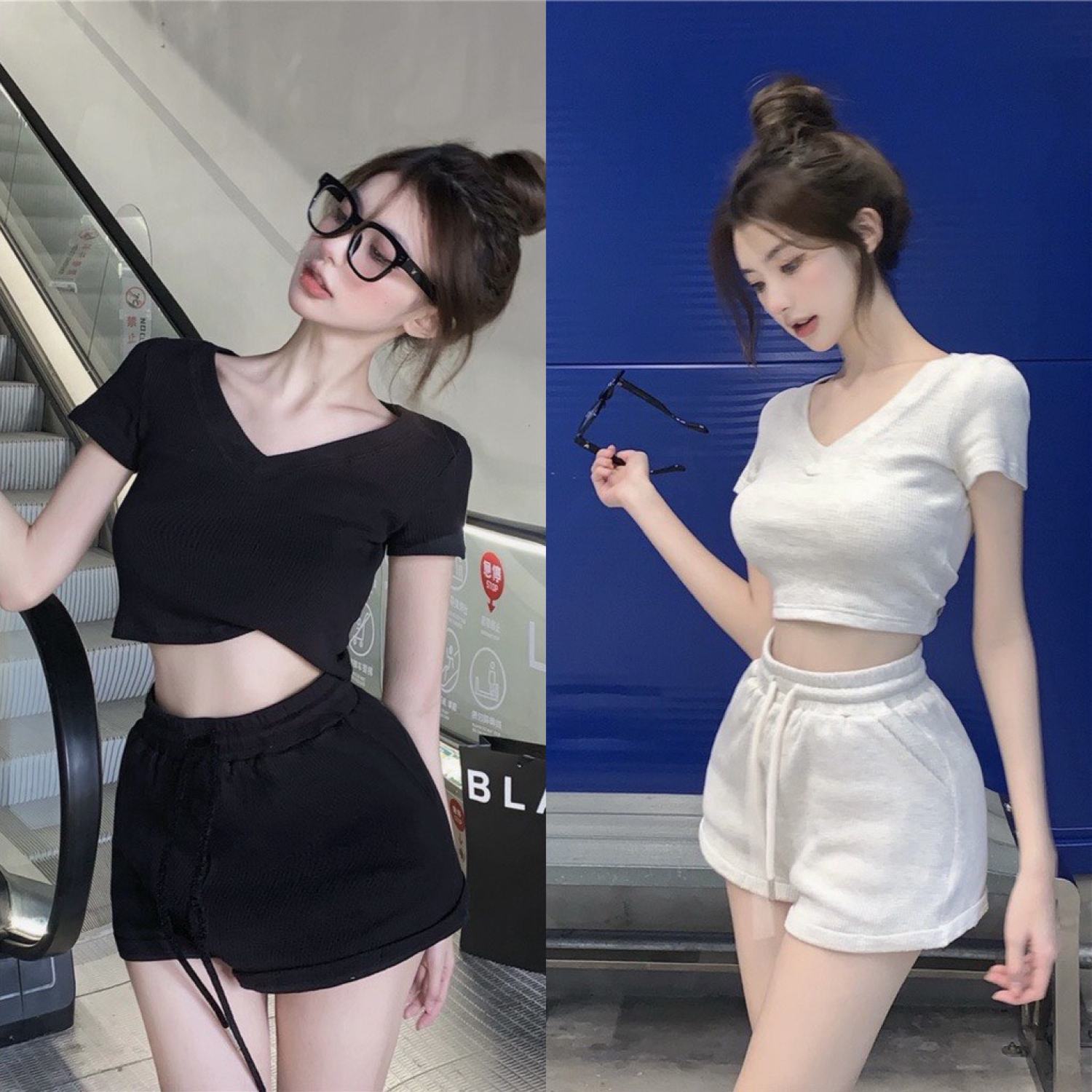 SET THỂ THAO ÁO CROPTOP CỔ TIM + QUẦN SHORT LƯNG THUN