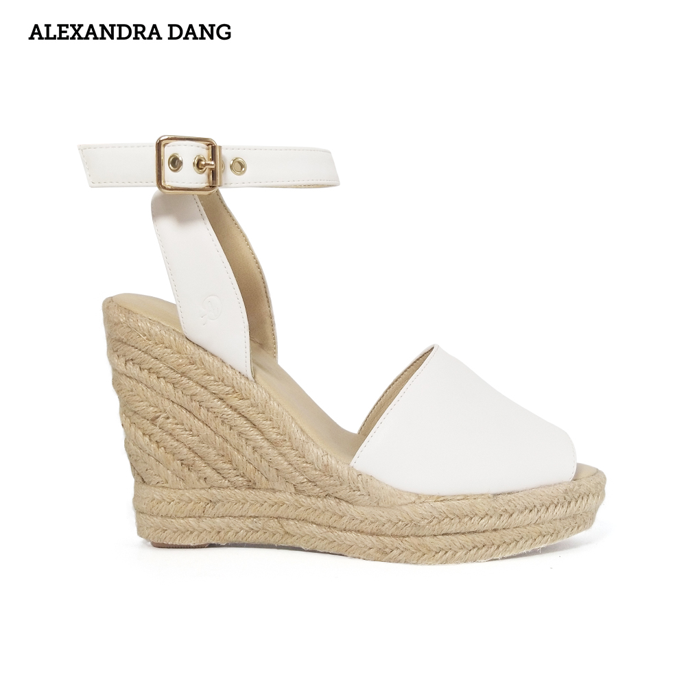 Giày Sandal Da Đế Xuồng Bọc Cói AD màu trắng