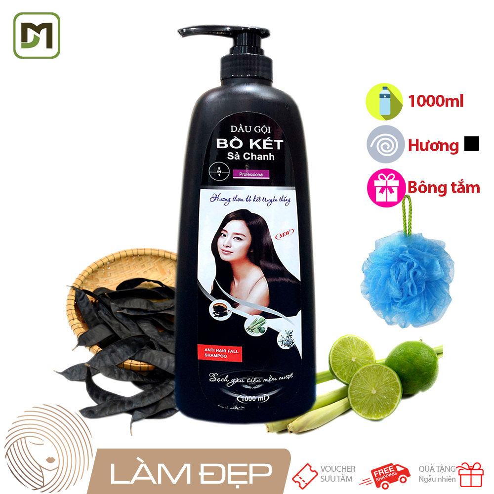 Dầu gội bồ kết sả chanh chai lớn 1000ml gội tóc đen óng đẹp tặng bông tắm