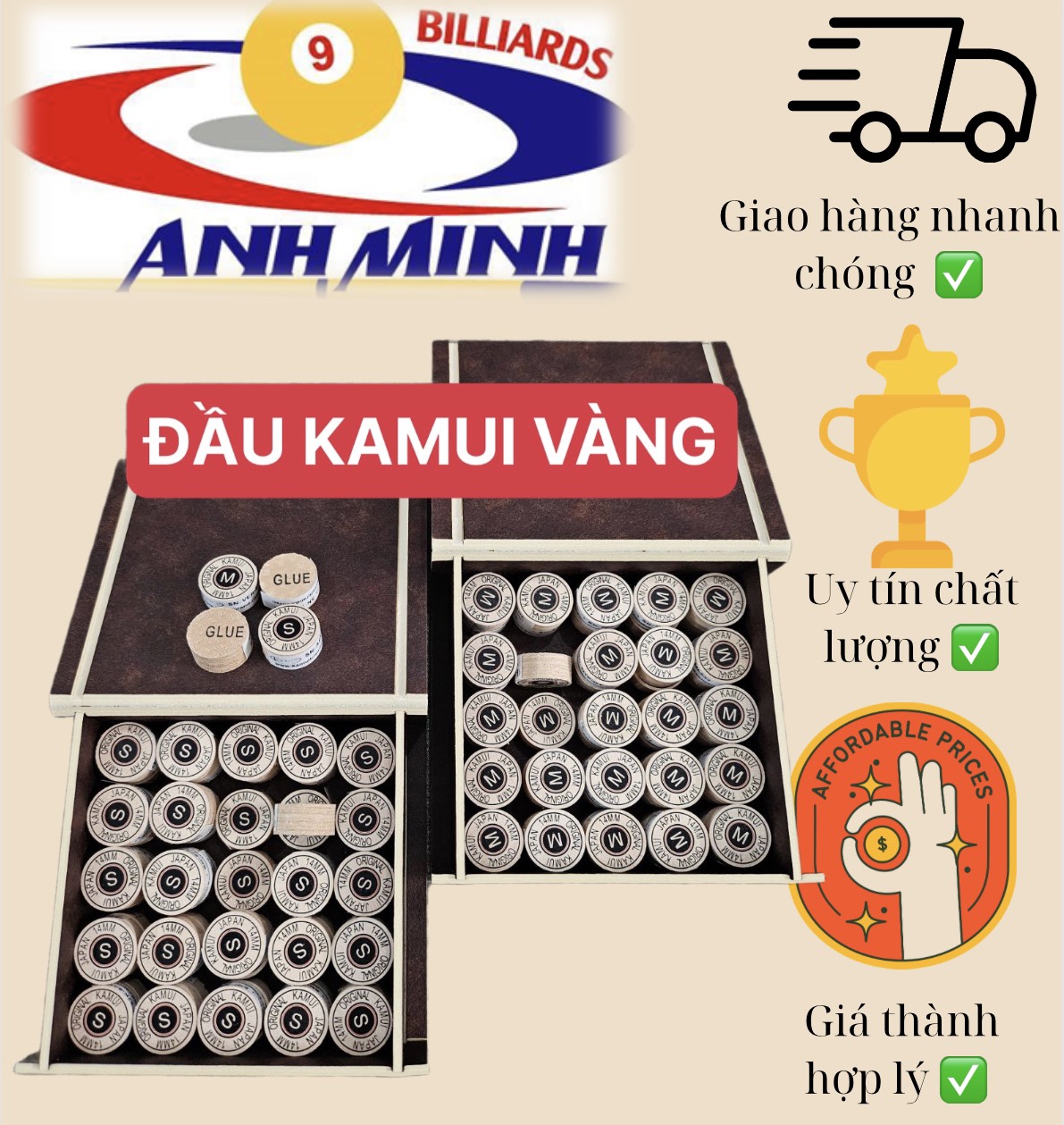 [HCM]Đầu cơ bida KAMUI kiếng/không kiếng hàng Đài/Nhật 485k/c