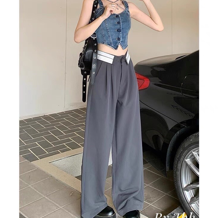 Quần Nữ Dáng Suông Ống Rộng Lưng Cao Kẻ Viền Cạp Gấp Phong Cách Ulzzang, Quần ống rộng vải ruby cạp khoá lưng cao 1 cúc cạp viền bẻ