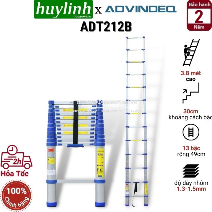 Thang nhôm rút đơn Advindeq ADT 212B - 3.8 mét - Tặng chốt chống kẹt tay
