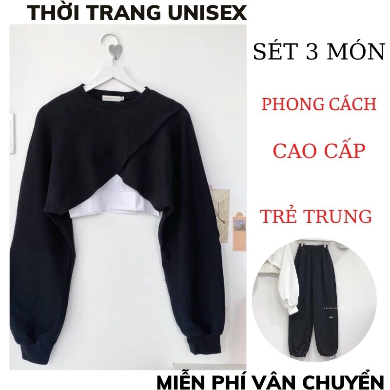 Sét bộ thể thao unisex 3 món ,áo croptop kèm quần ống rộng bom ,quần jogger ,áo croptop nữ, ELEVENSHOP ,quần ống rộng bom ,Bộ thể thao hàn quốc
