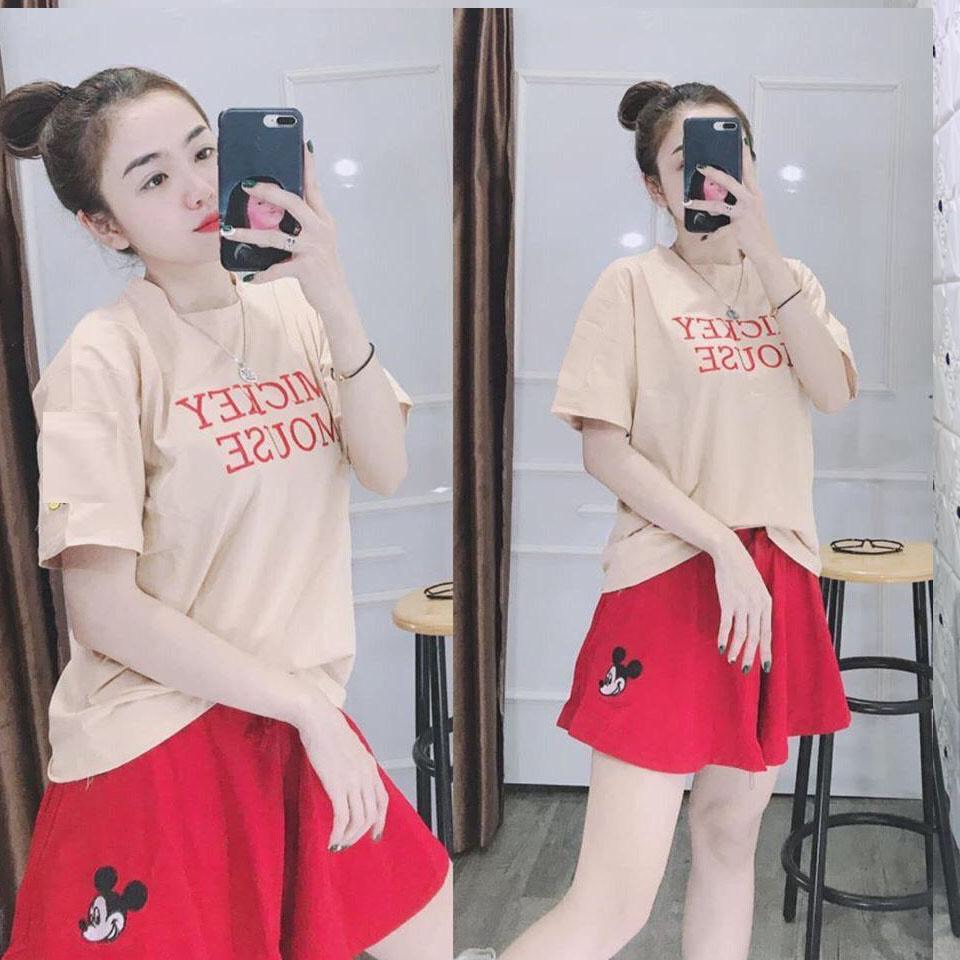 [HCM]Set bộ nữ quần đùi giả váy +áo thun tay lỡ in hình cực xinh