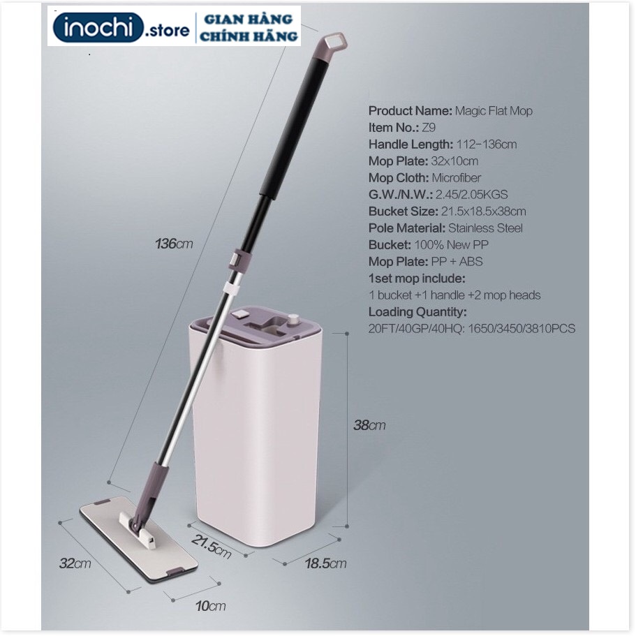 Bộ cây lau nhà MOP- Z9, dụng cụ lau nhà sạc sẽ, thông minh tự vắt, kèm miếng lau nhà, Inochi