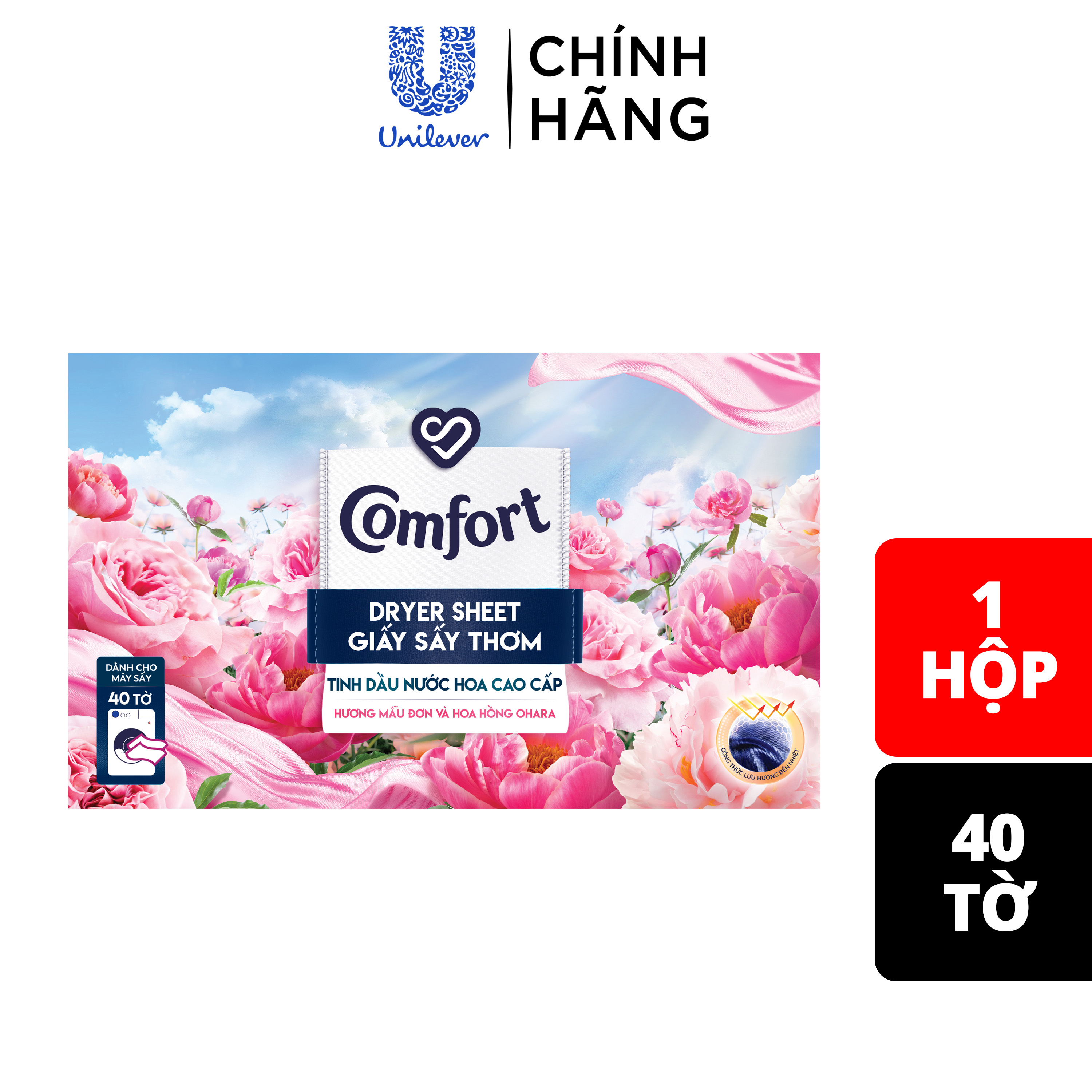 Giấy Thơm Comfort Hương Mẫu Đơn Và Hoa Hồng Ohara 40 tờ, Dành Cho Máy Sấy Quần Áo, Tủ Quần Áo