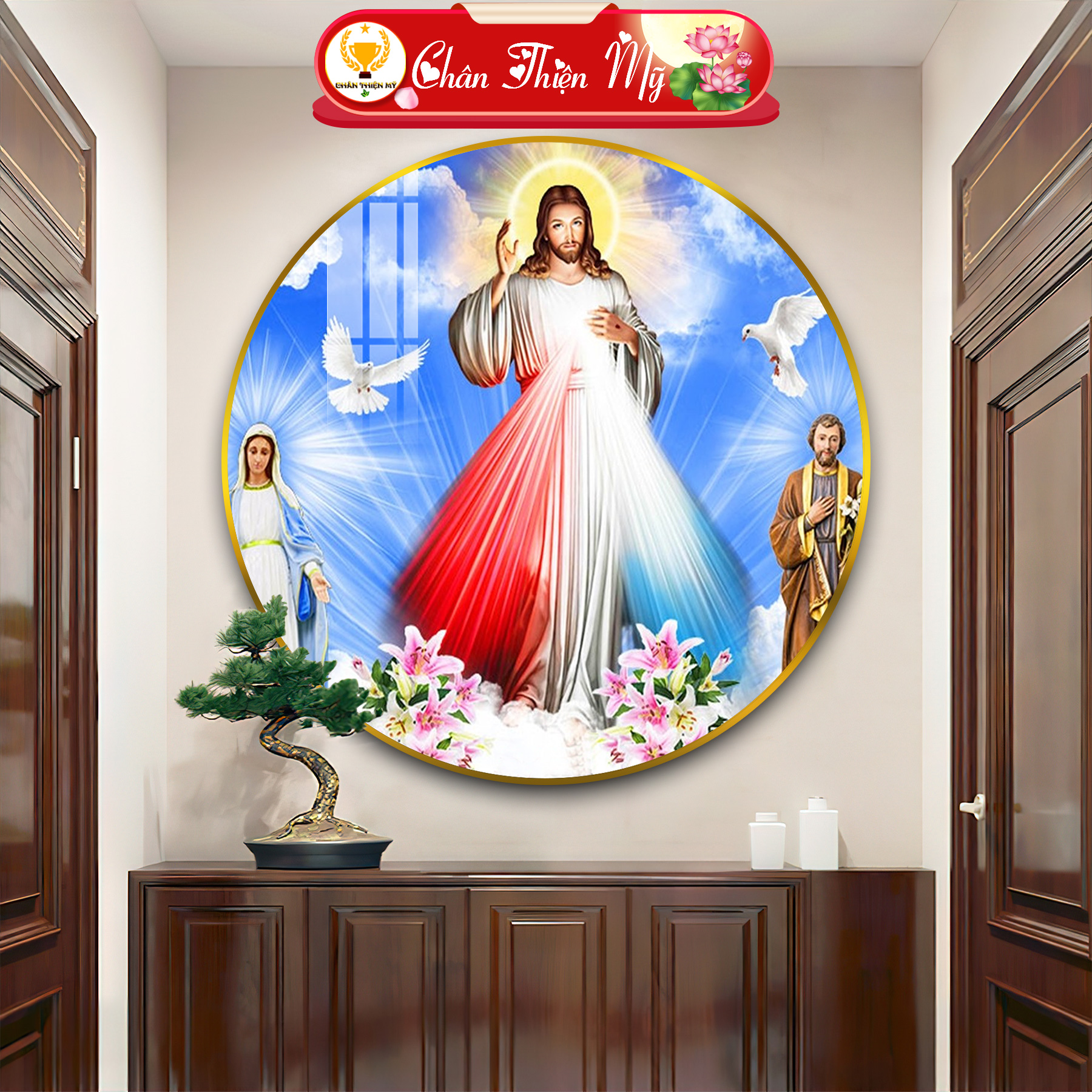 Tranh tráng gương pha lê tròn chân thiện mỹ, tranh công giáo treo tường chúa giêsu tg-t1-2036