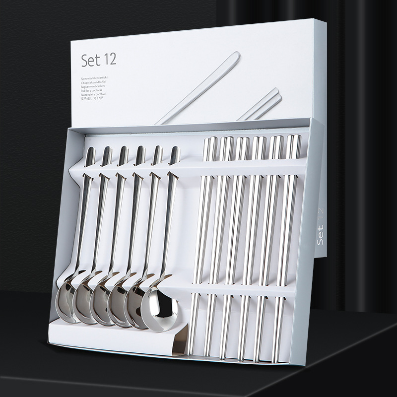 Bộ 6 đũa 6 muỗng inox kháng khuẩn 304 cao cấp kèm hộp đựng sang trọng