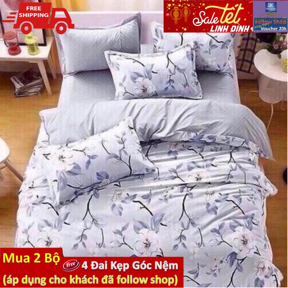 (FreeShip MAX) Bộ chăn ga gối poly Hoa xám bạc 1m6x2m