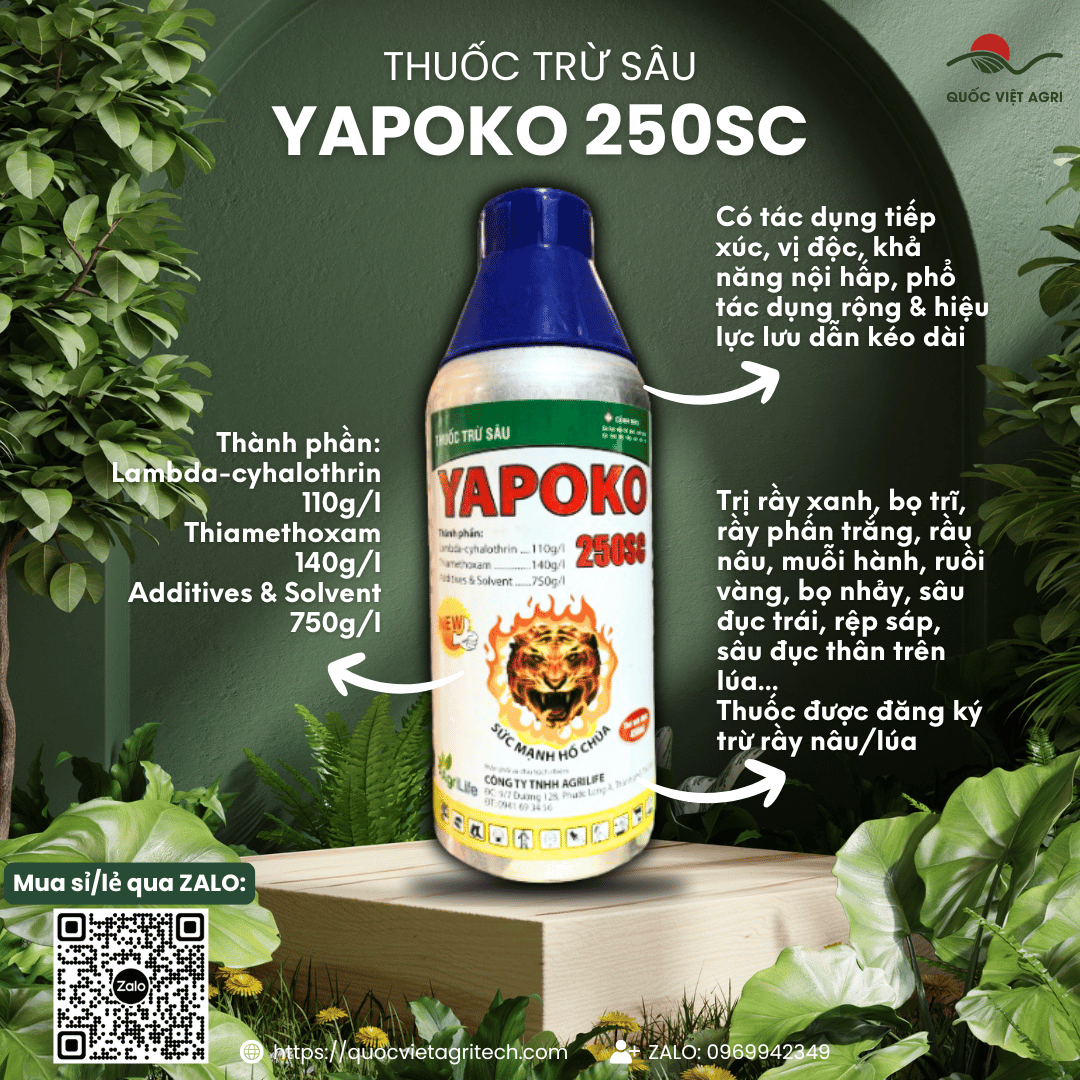 Thuốc trừ sâu YAPOKO 250SC (chai 450ml) - Lambda cyhalothrin 110g/l + Thiamethoxam 140g/l Trị bọ trĩ, vẽ bùa, rầy xanh
