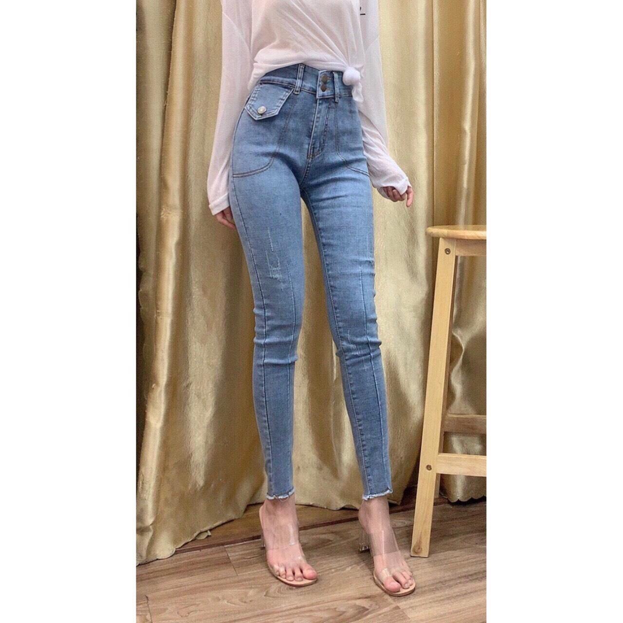 Quần jean nữ KIỂU LẮP TÚI 1 BÊN - hai cúc - lưng siêu cao size 26 - 30  JO15