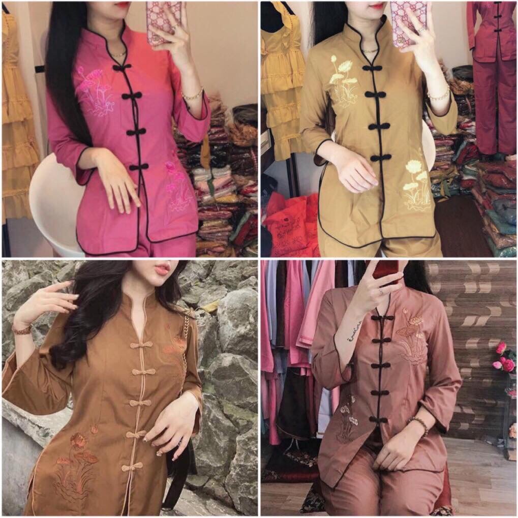 [HCM]SET ĐỒ LAM ĐI CHÙA THÊU HOA CAO CẤP