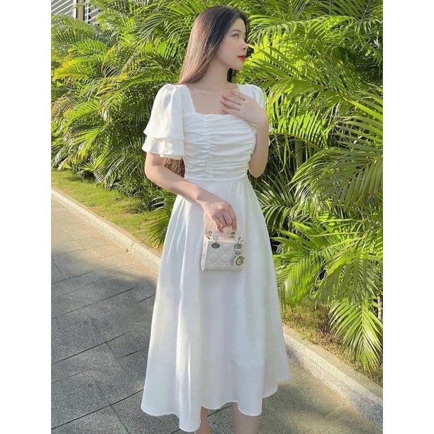 ĐẦM TRẮNG CỔ VUÔNG TAY BÈO (có ảnh thật) MS93