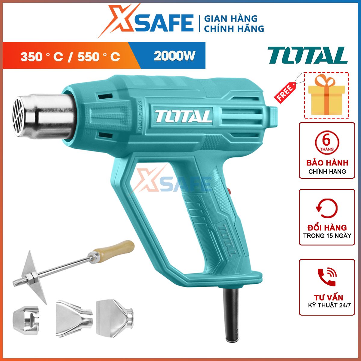 Heat blower total tb20036 2000w, temperature 350-550 độ c, included 1 razor and 3 head blow-genuine-xsafe