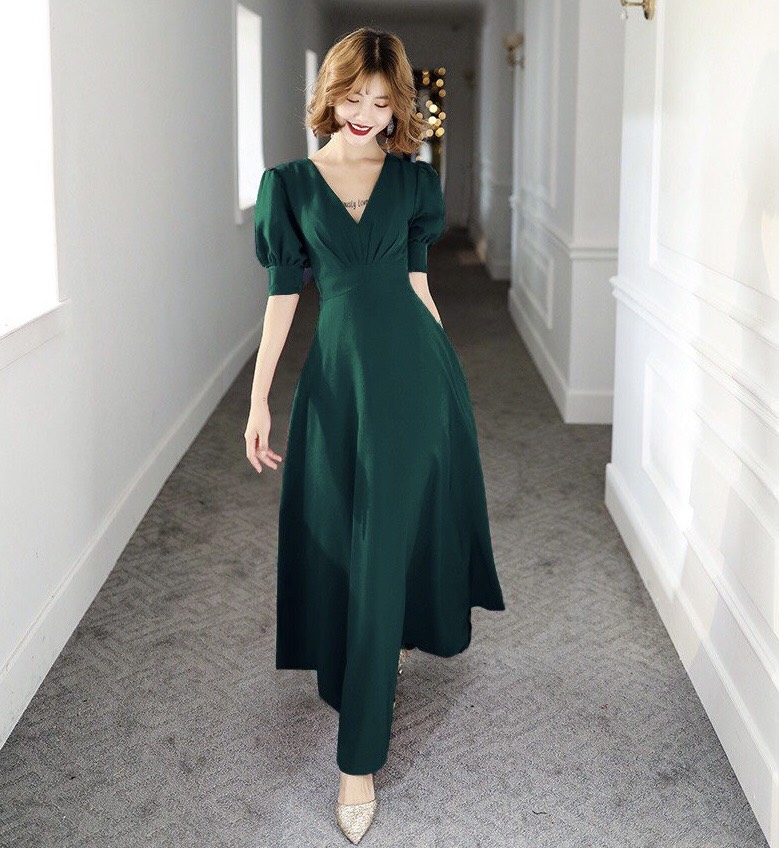 Đầm xòe maxi lụa xanh cổ v tay phồng vintage - VN491901
