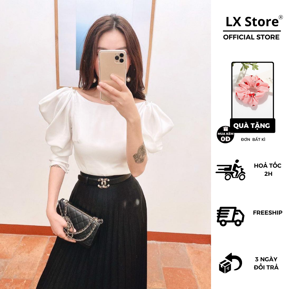 [HCM]Áo Lụa Tay Phồng Vai Đính Châu (ẢNH THẬT)