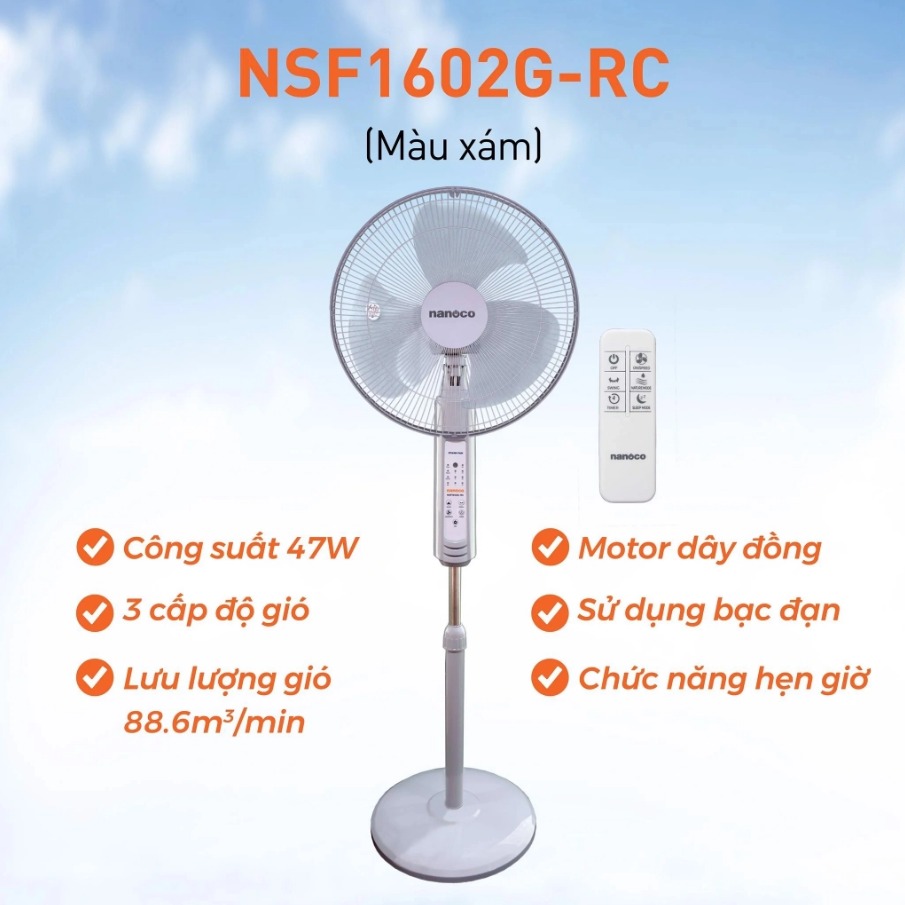[GIAO TẠI HCM] - Quạt Đứng Có remote Nanoco NSF1602G-RC (Màu xám)