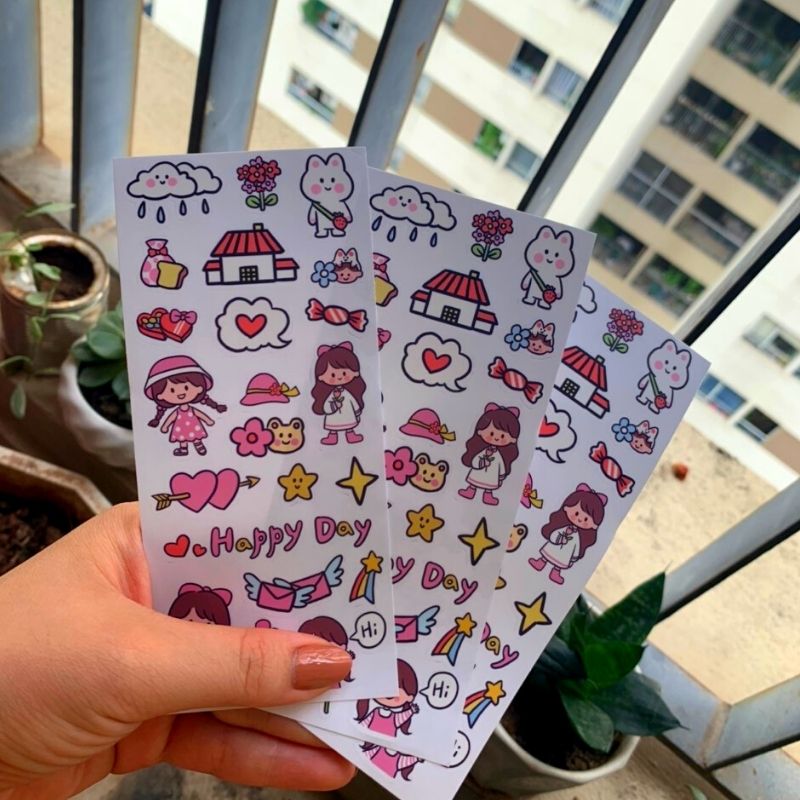 Sticker dán cute, bé gái dễ thương, happy day
