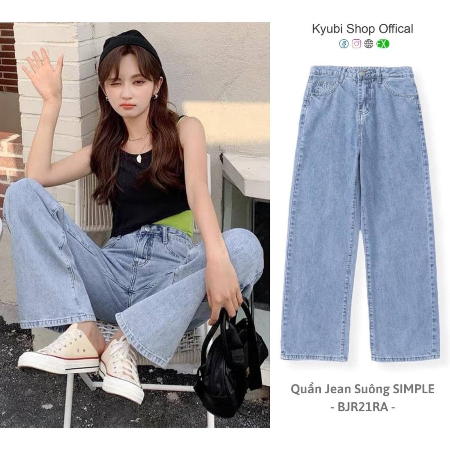 Quần jean nữ lưng cao dáng suông - Quần jeans ống rộng suông cạp Vonesa