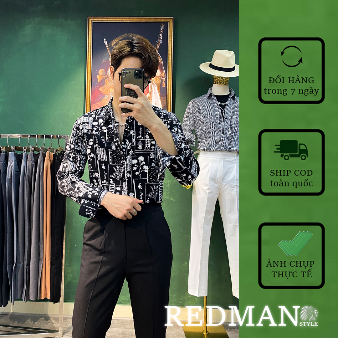 Áo Sơ Mi Nam Họa Tiết THỔ CẨM ĐEN S58 vải lụa Mango cao cấp [RedMan Style]