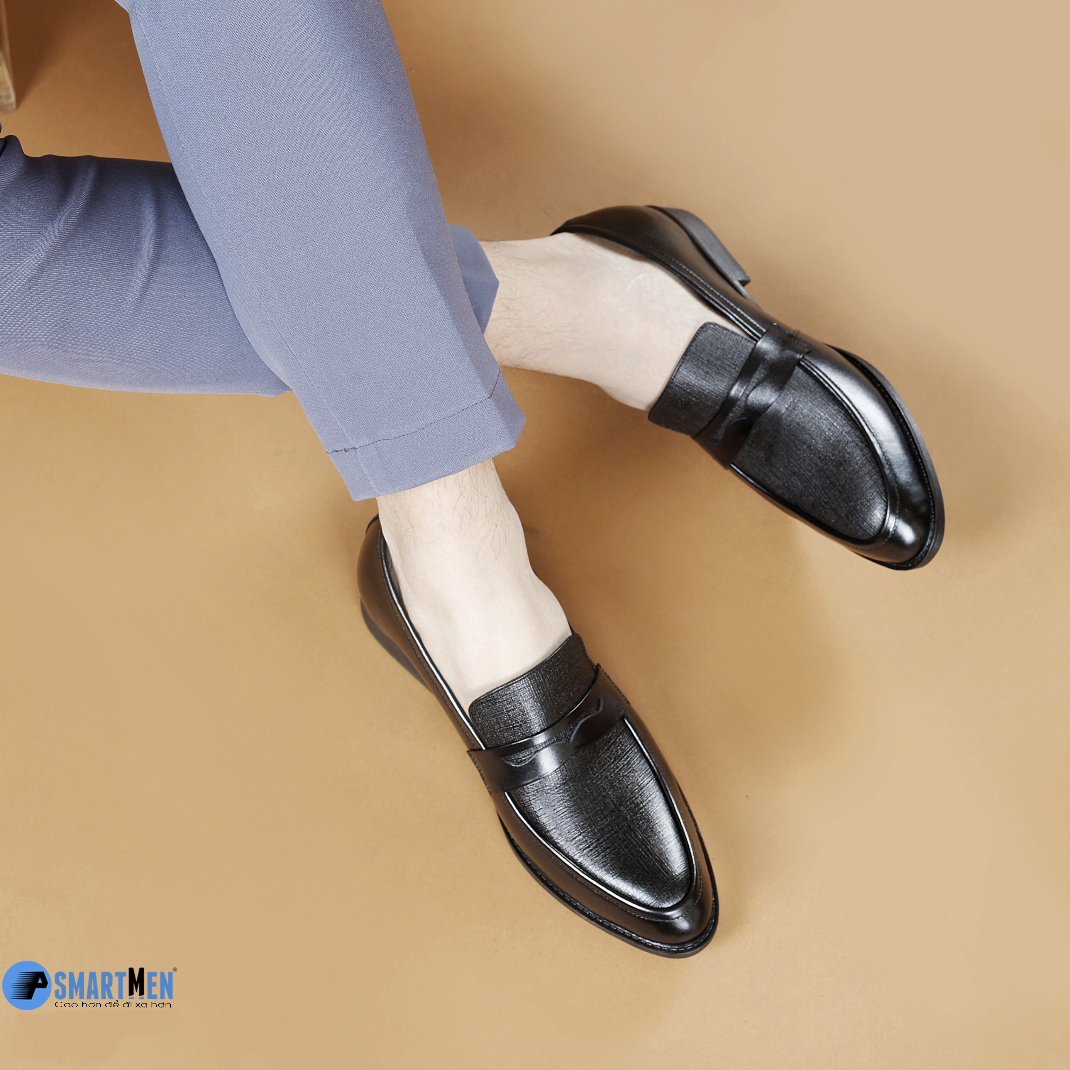 Giày lười công sở tăng chiều cao da bò SmartMen GL04 đen