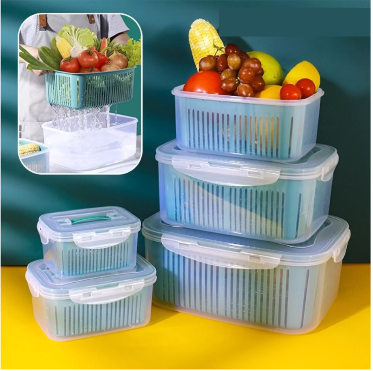 (LOẠI DÀY) - BỘ 5 HỘP NHỰA BẢO QUẢN THỰC PHẨM NHÀ BẾP TIỆN DỤNG - SET 5 KHAY NHỰA BẢO QUẢN THỨC ĂN BỎ TỦ LẠNH CÓ NẮP ĐẬY KÍN AN TOÀN SỨC KHỎE KÈM RỔ TÁCH NƯỚC