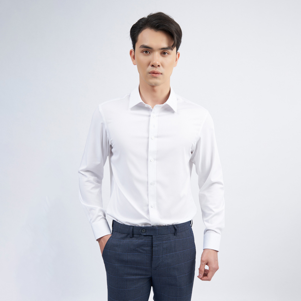 Áo sơ mi nam dài tay trắng trơn 3006w dáng slim vải sợi tre hạn chế nhăn nhàu - vulcano