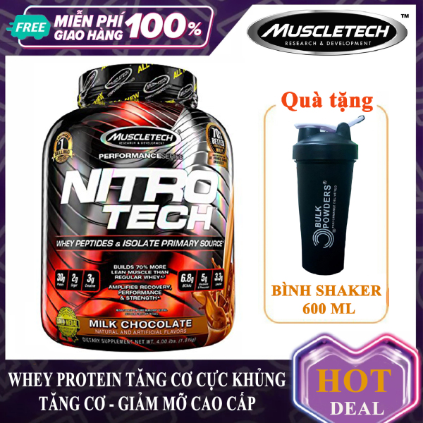 [TẶNG BÌNH LẮC] Sữa tăng cơ cao cấp Whey Protein Nitro Tech của MuscleTech hộp 1.8kg hỗ trợ tăng cơ giảm mỡ, tăng sức bền sức mạnh vượt trội cho người tập gym và chơi thể thao nhập khẩu