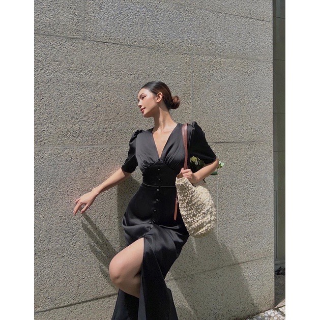Đầm lụa( có bigsize) nút bọc xẻ trước