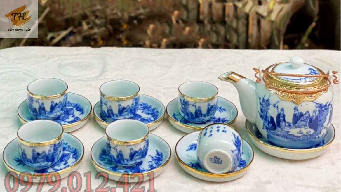 [Sale Sốc] Bộ ấm chén bọc đồng men lam Bát Tràng Tích Trúc Lâm Thất Hiền