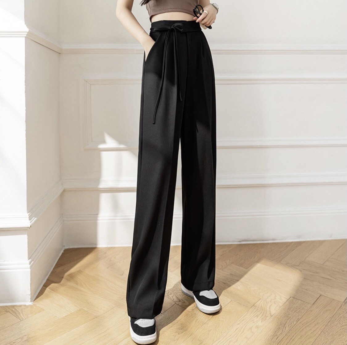 Quần ống rộng nữ lưng cao thắt dây nơ 1 bên culottes chất vải RUBY dài 100cm siêu hot