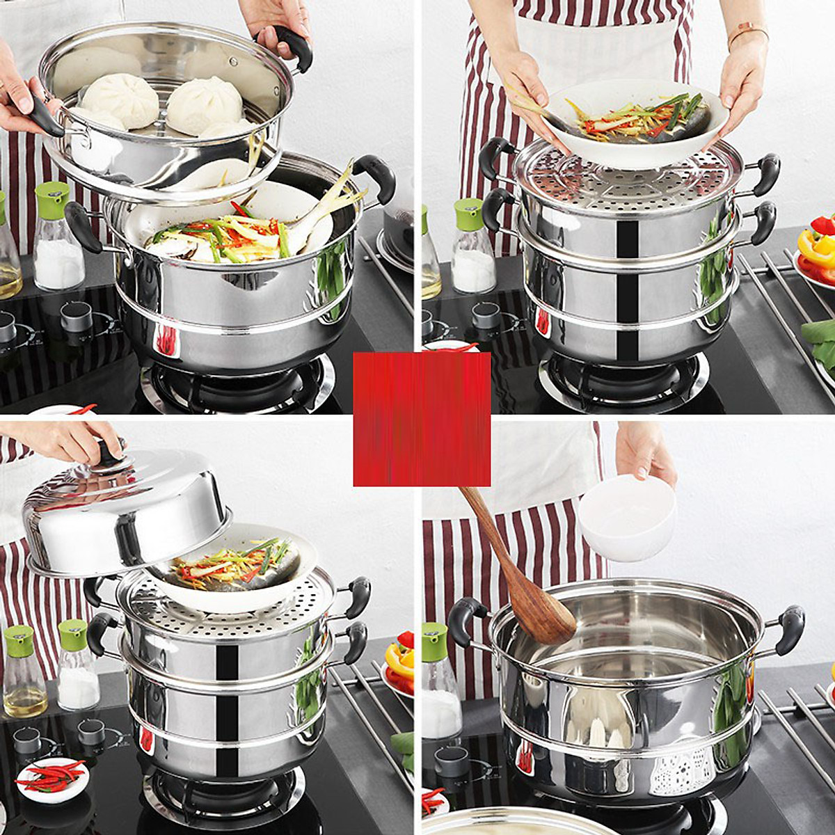 3-layer stainless steel steamer 28cm [Super durable] convenient - Can be folded - easily separated - Suitable for all types of cookers