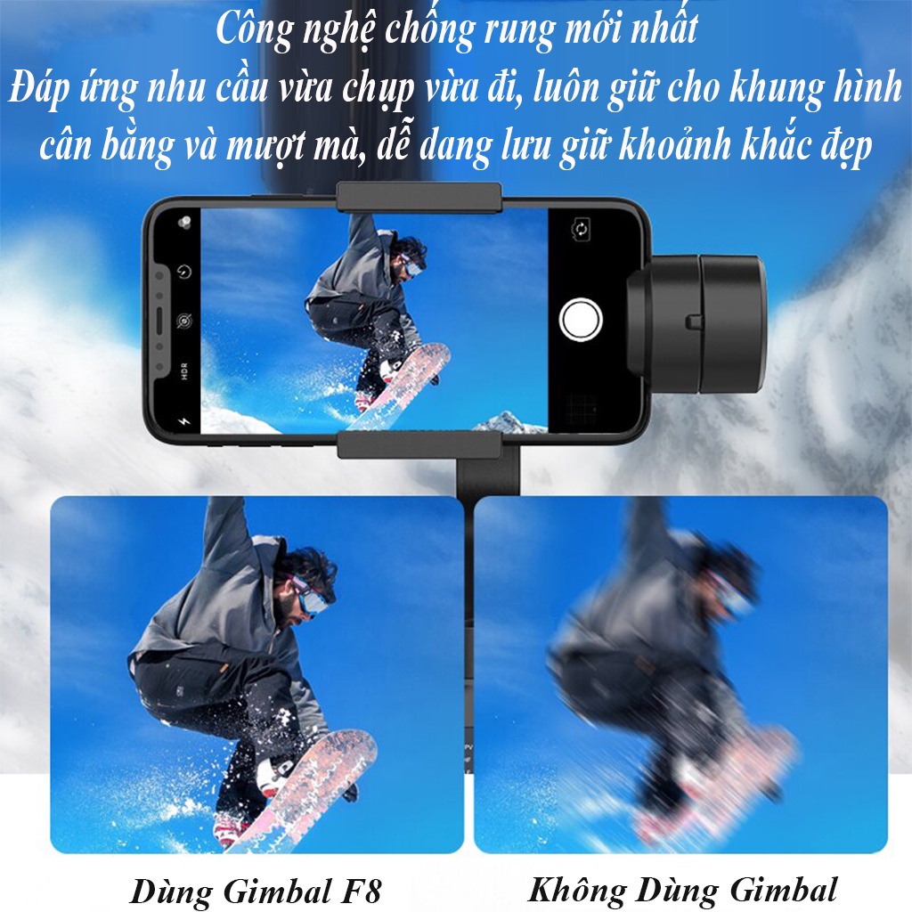 Gimball chống rung, Tay cầm quay phim điện thoại F8, Cây quay video, vlog, tik tok chuyên nghiệp, Pin trâu 2200 Mah sử dụng đến 10h giá rẻ hơn gimbal zhiyn smooth 4, dji osmo action 3, dji osmo 5, S5B, smart X pro.