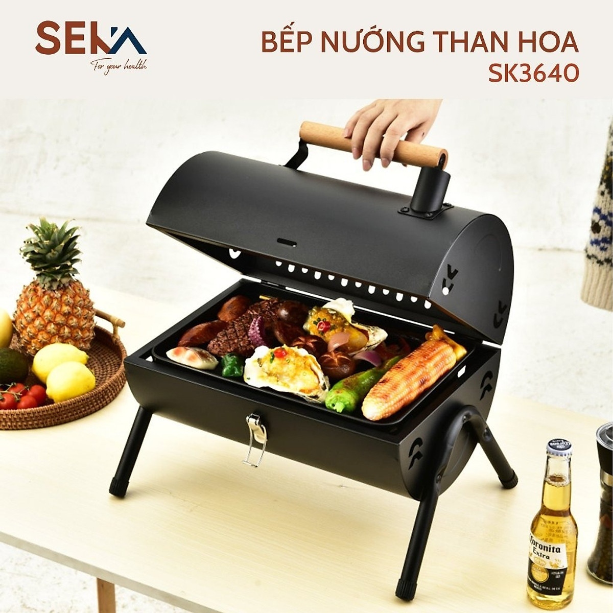 Bếp nướng than hoa BBQ SEKA - gấp gọn mang đi dã ngoại - cắm trại - Lò nướng ngoài trời kèm vỉ - khay nướng , Bếp nướng gấp gọn dùng để dã ngoại