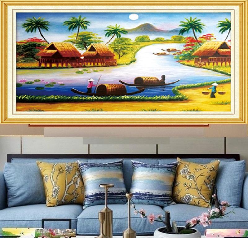 Tranh đính đá Làng quê yên bình. Mã tranh LV239, hãng Lavender, kich thước 75x50 cm