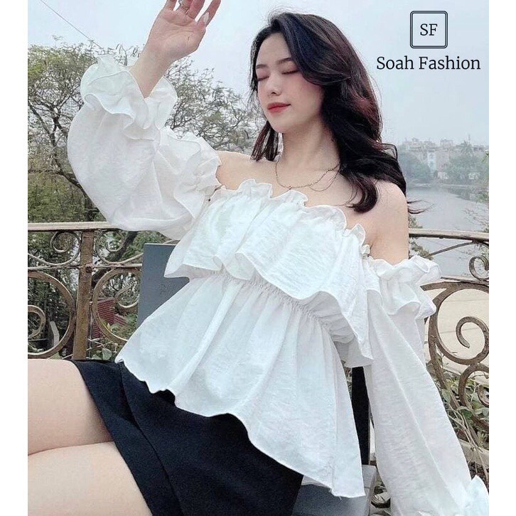 Áo crotop trễ vai bánh bèo tiểu thư áo trắng trần trễ vai màu trắng điệu đà