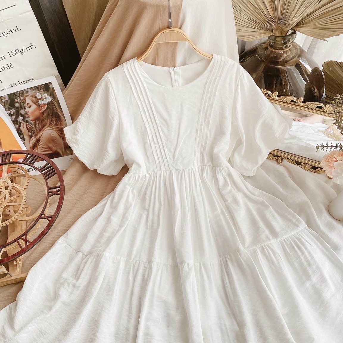 Đầm babydoll trắng tầng xếp li