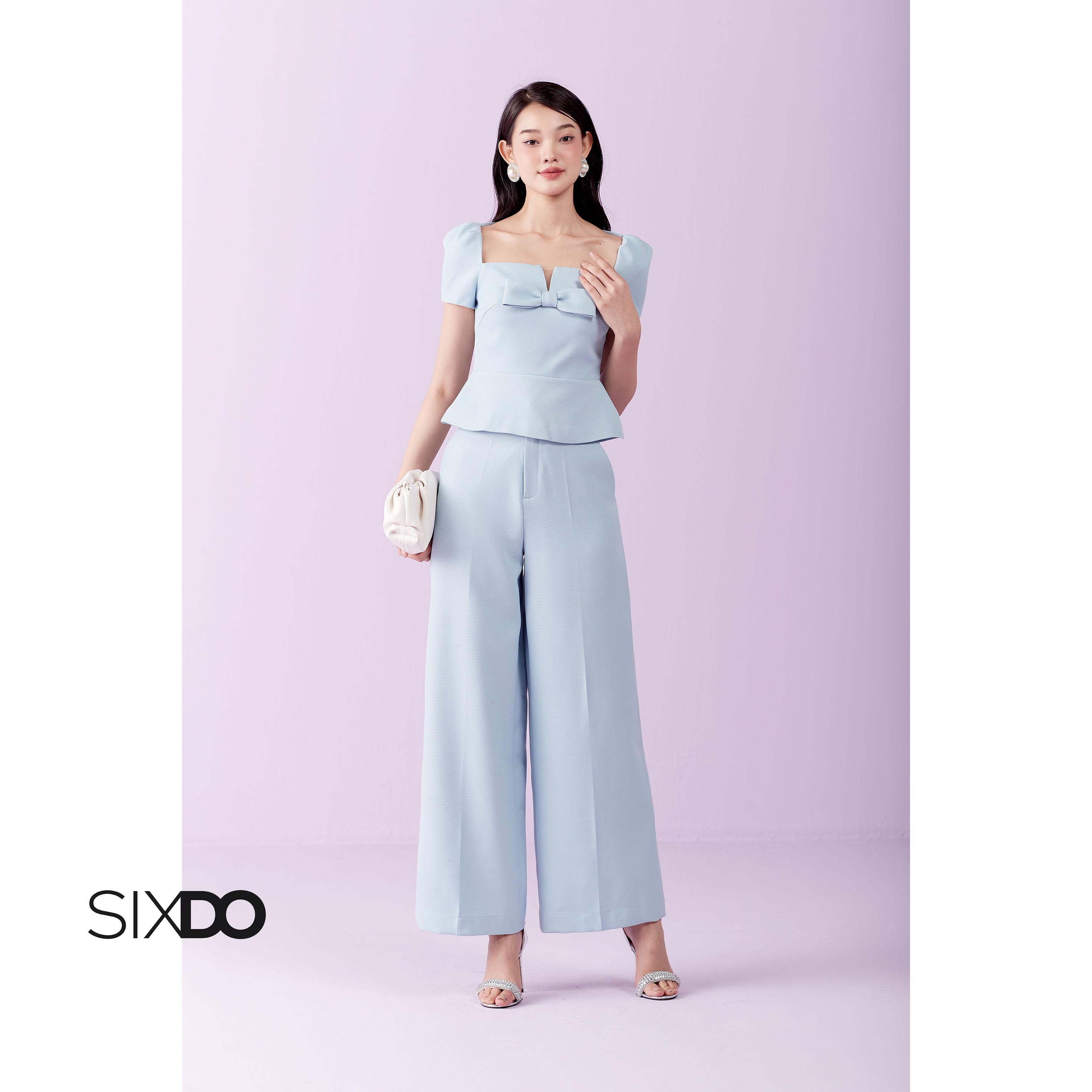 Áo nữ cổ vuông phối nơ SIXDO (Light Blue Square Neck Raw Top)