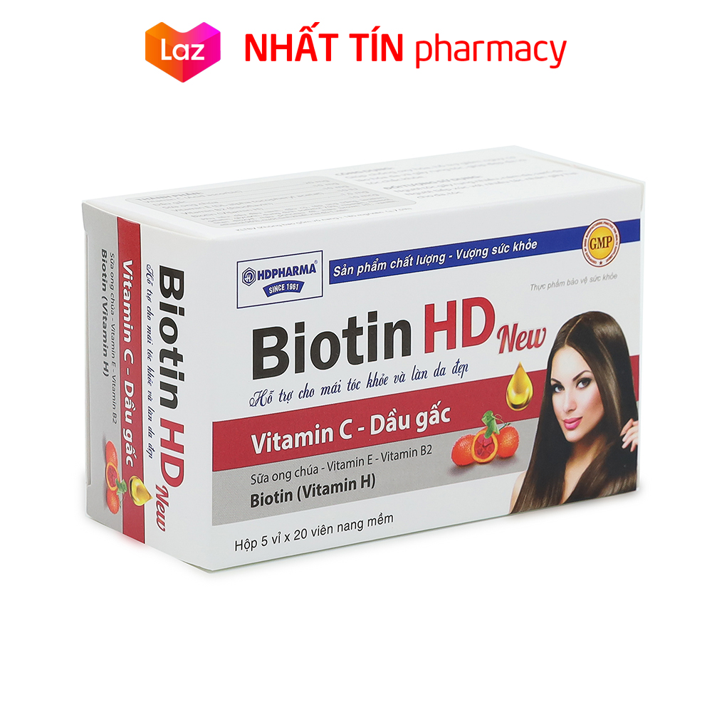 Viên uống Biotin HD New vitamin C dầu gấc giúp mái tóc khỏe sáng da giảm rụng tóc chống lão hóa - Hộp 100 viên