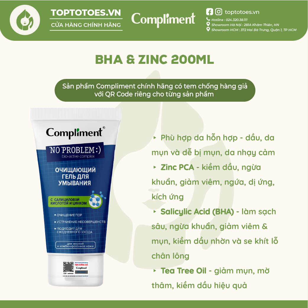 Gel rửa mặt BHA Compliment No Problem giảm viêm mụn 200ml