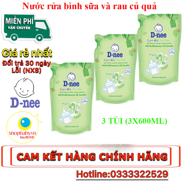 Combo 3 gói Nước rửa bình sữa và rau quả Dnee 600ml Thái Lan