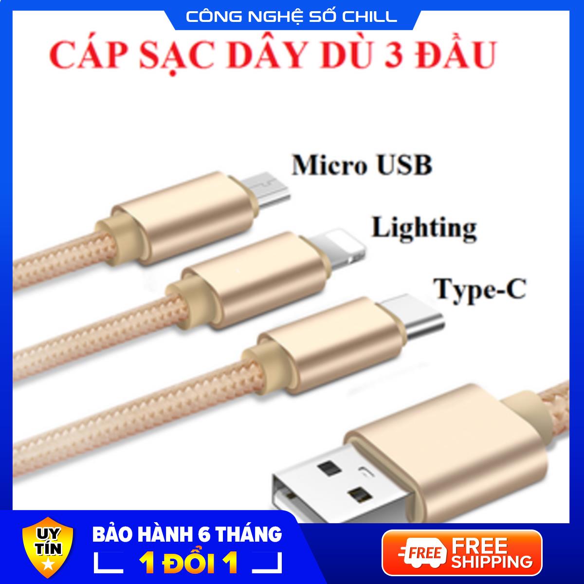 Cáp sạc dây dù đa năng 3 đầu Lightning - Type C - Micro USB mẫu