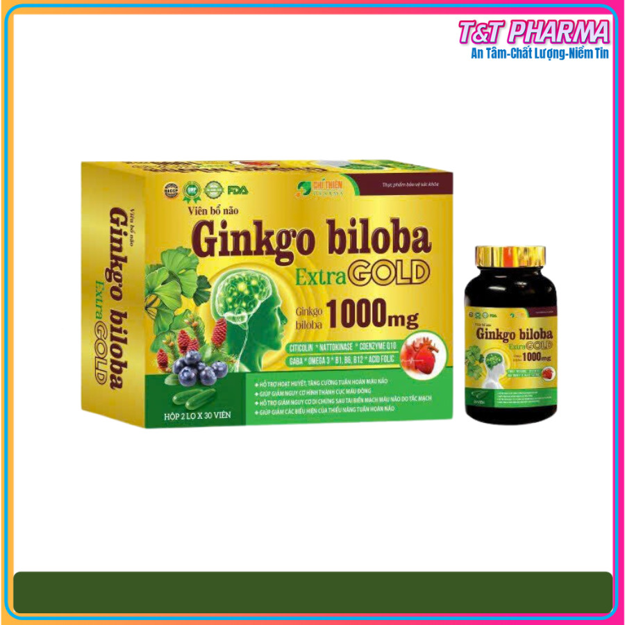 Viên uống bổ não ginkgo biloba giúp tăng cường tuần hoàn máu não, giảm đau đầu, hoa mắt, chóng mặt, hộp 20 lọ x 30 viên - t&t pharma