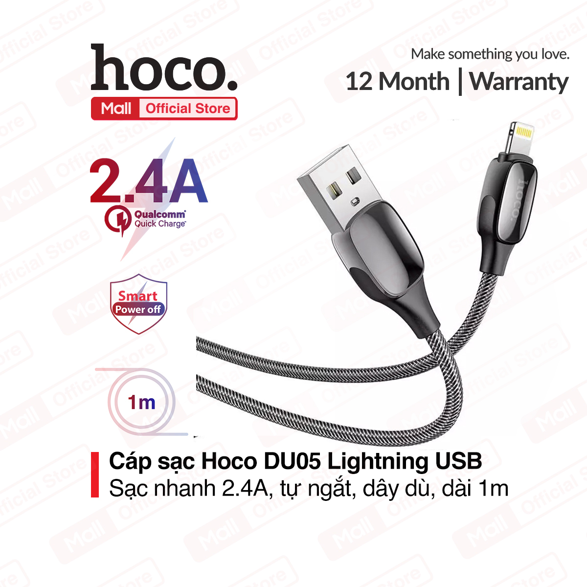 Cáp sạc tự ngắt Hoco DU05 Lightning USB sạc nhanh 2.4A, dùng cho iPhone/iPad, bọc dù chống đứt, có đèn LED, dài 100cm