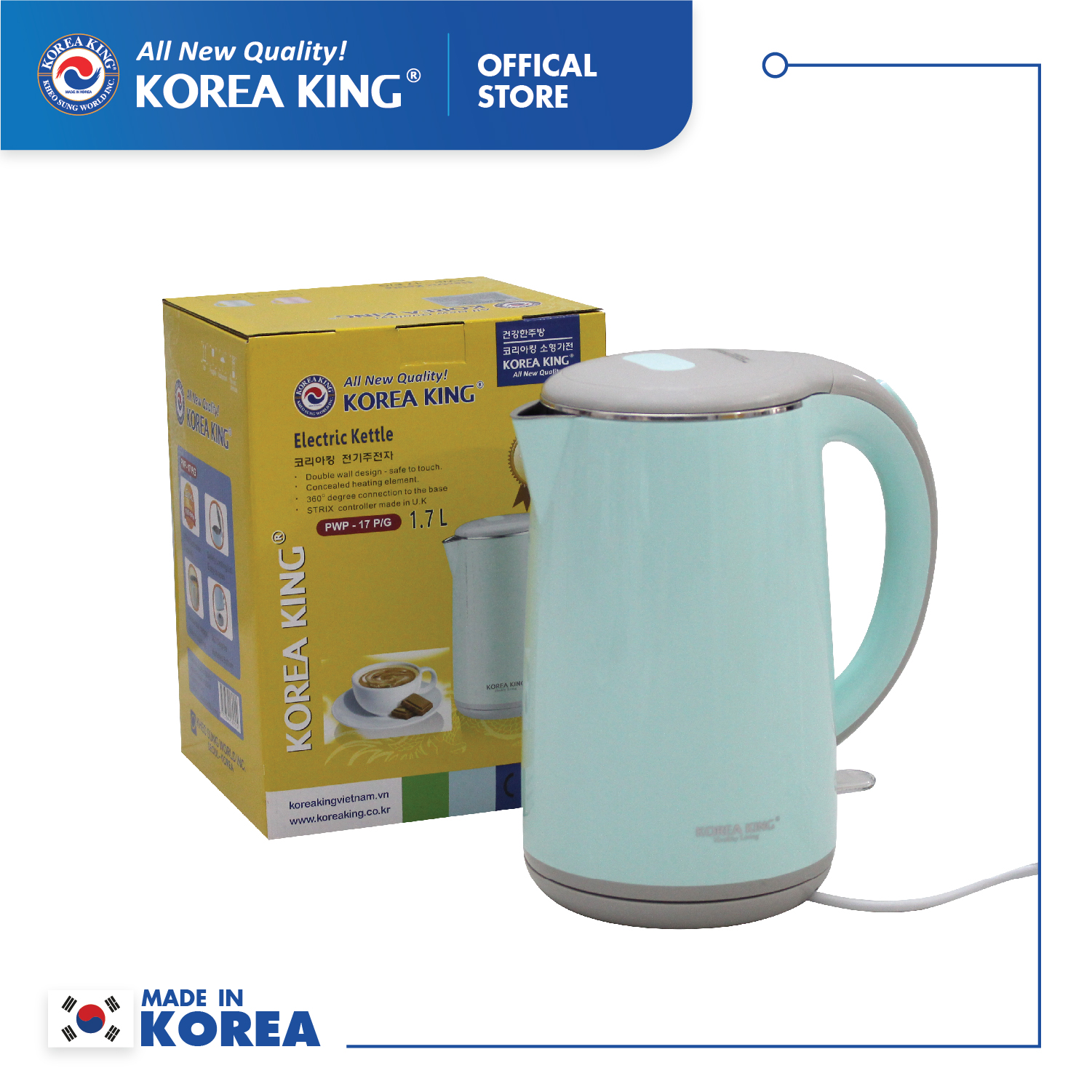 Bình đun siêu tốc Korea King PWP-17P/G ( công suất 1,850W, dung tích 1.7L, 2 lớp cách nhiệt, 2 màu hồng, xanh) - Hàng chính hãng